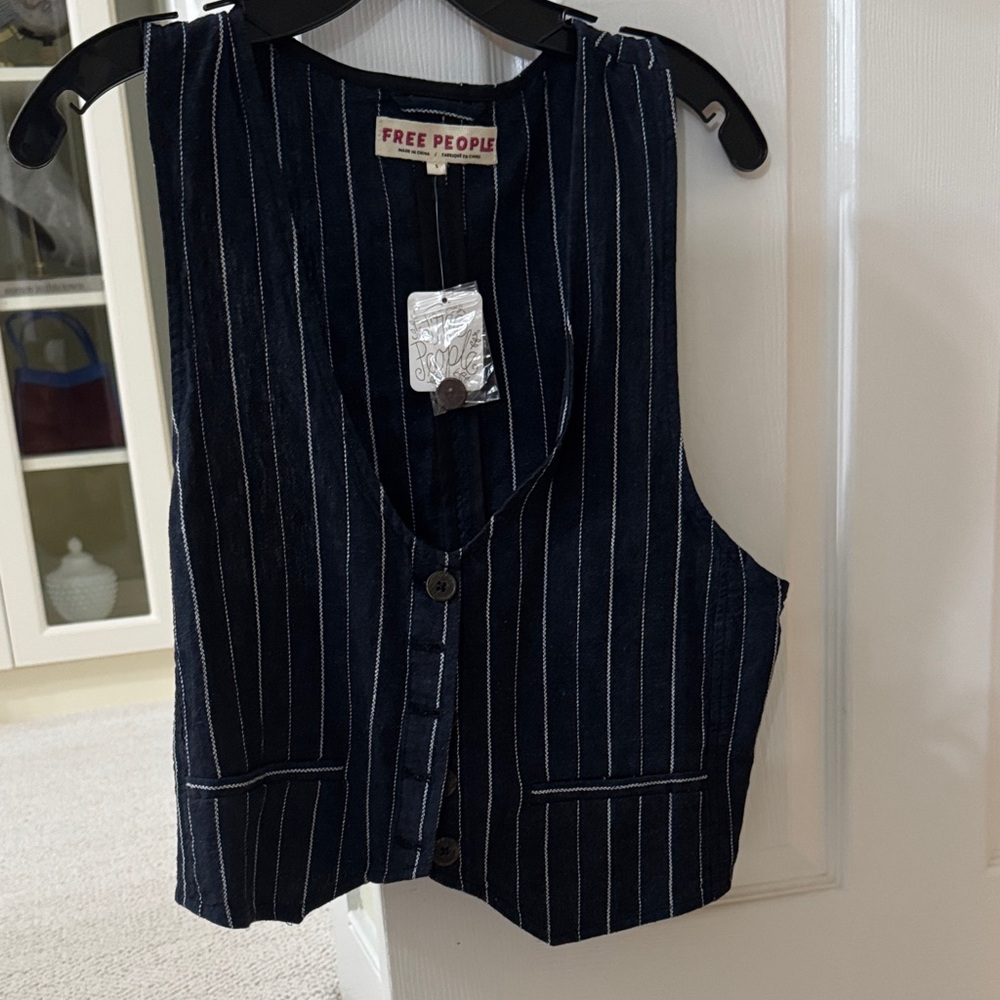 Free People Navy & White Pinstripe Button Vest